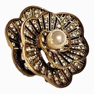 Napier rhinestone and faux pearl flower brooch multilevel open antique gold tone